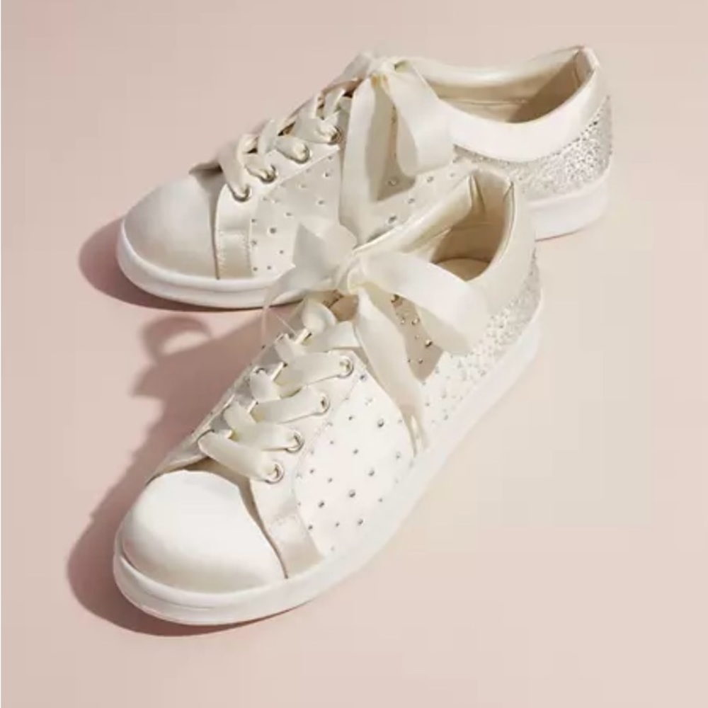 Shimmering satin sneaks glitter with crystal embellishments